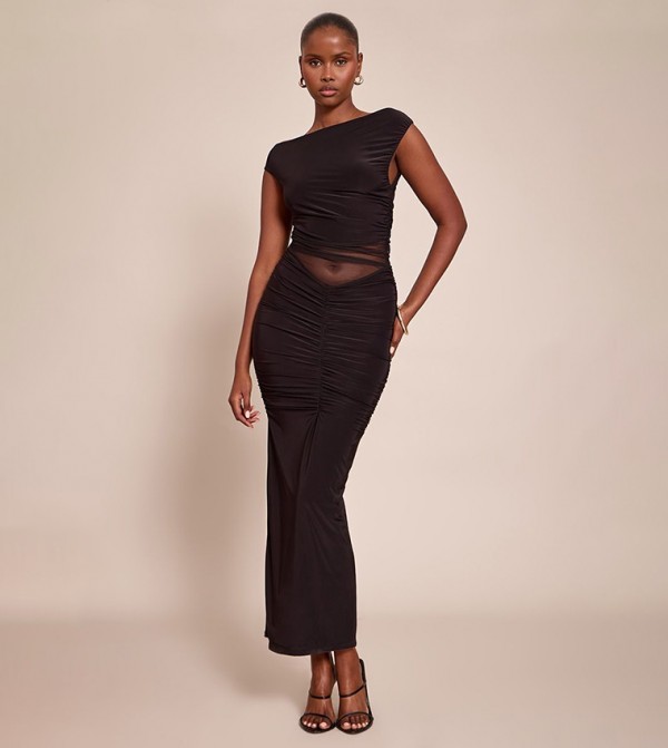 Mesh Overlay Off Shoulder Maxi Dress