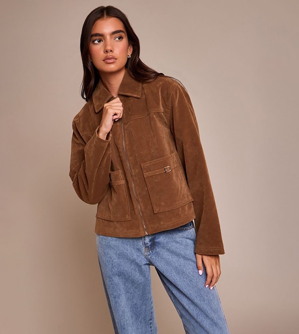Pocket Trim Faux Suede Jacket