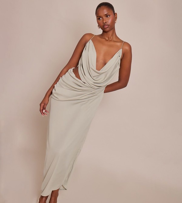 Solid Chiffon Drape Cut Out Strappy Maxi Dress