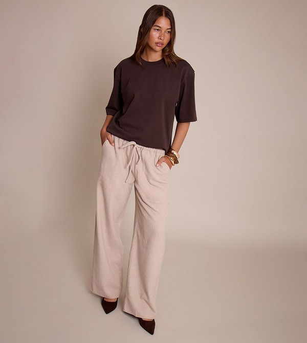 Herringbone Brushed Drawstring Low Rise Wide Leg Trousers