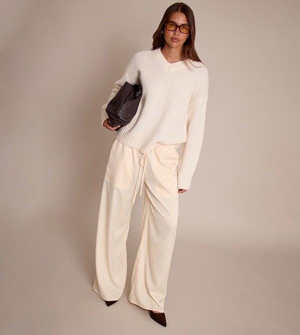 Satin Low Rise Drawstring Wide Leg Trousers
