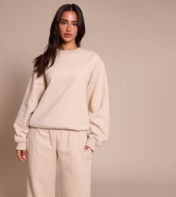 Petite Oatmeal Fleece Oversized Crew Neck Sweatshirt