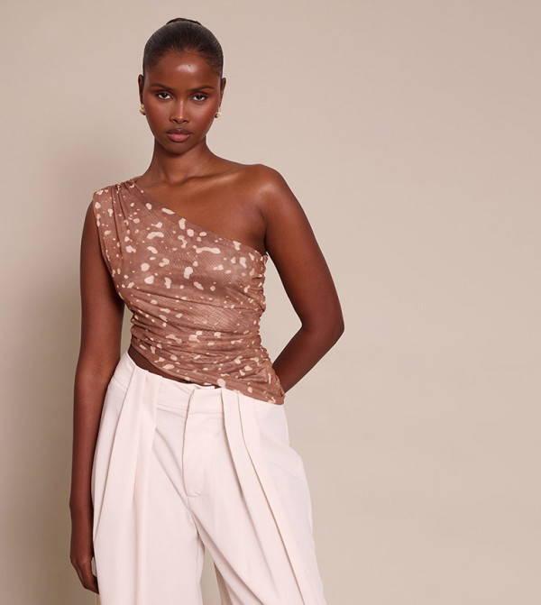 Printed Mesh Asymmetric One Shoulder Top