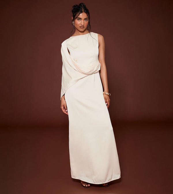 Asymmetric Cape Detail Boat Neck Maxi Dress