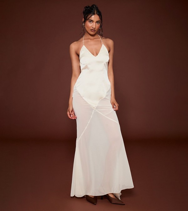 Oyster Satin Contrast V-Neck Maxi Dress