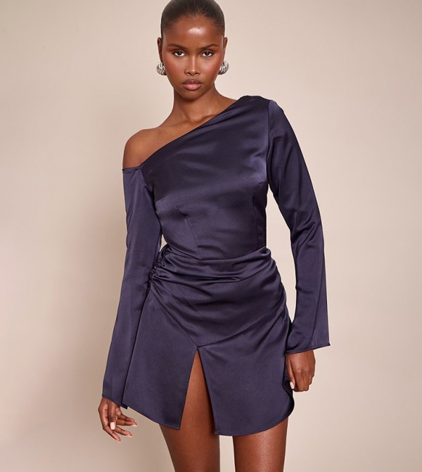 Satin Asymmetric Long Sleeves Shift Mini Dress