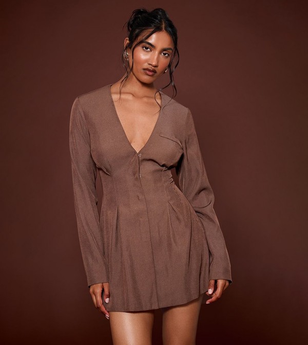 Cinched Waist Pleated Mini Blazer Dress