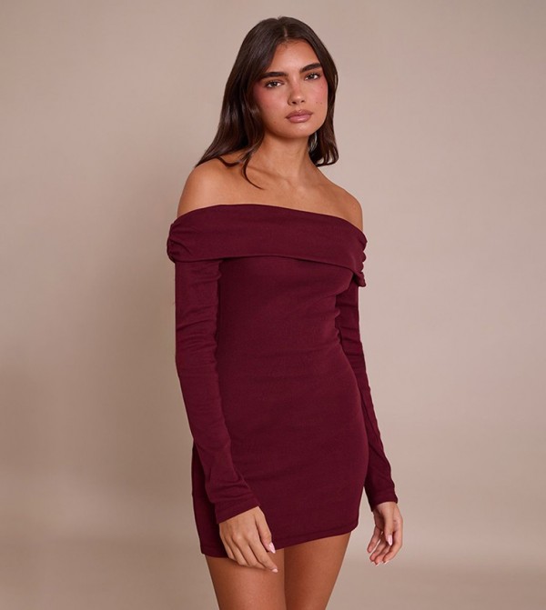 Ribbed Fold Over Bardot Long Sleeves Bodycon Mini Dress