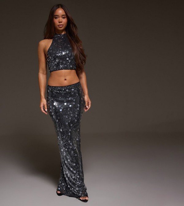 Sequined High Waist Maxi Skirt