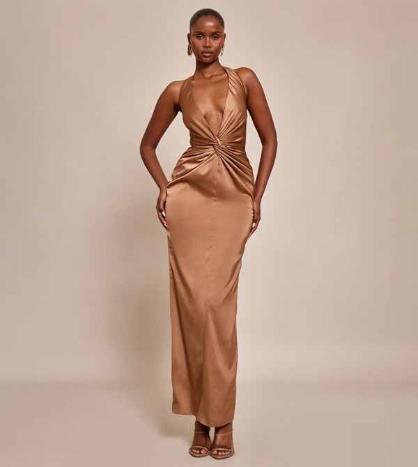 Satin Twist Plunge Halterneck Maxi Dress