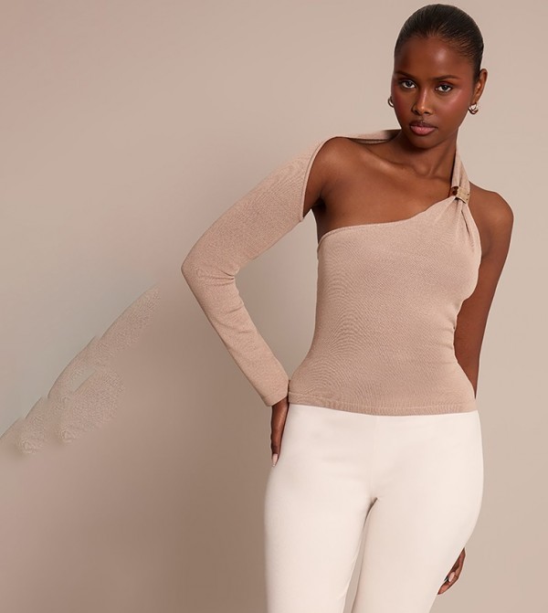 Oatmeal One Shoulder Trim Detail Knitted Top