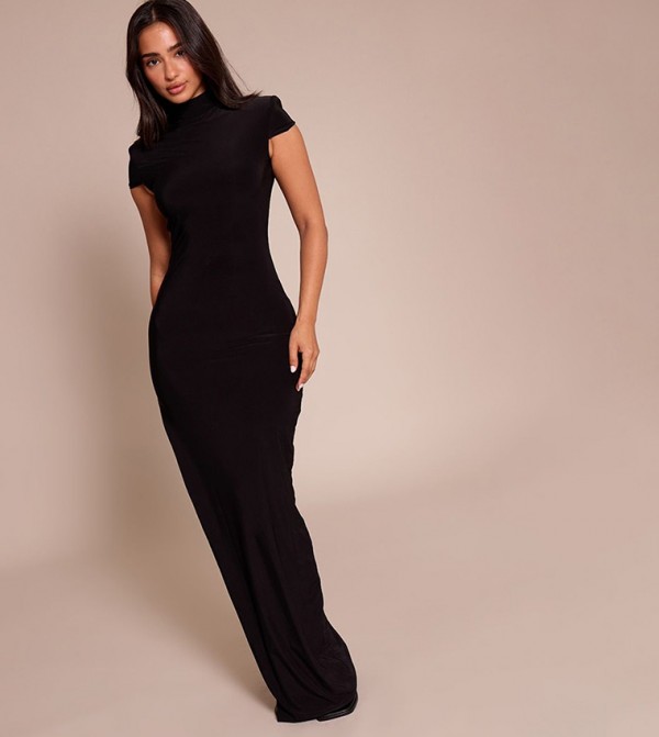 Petite Slinky Shoulder Pad Maxi Dress