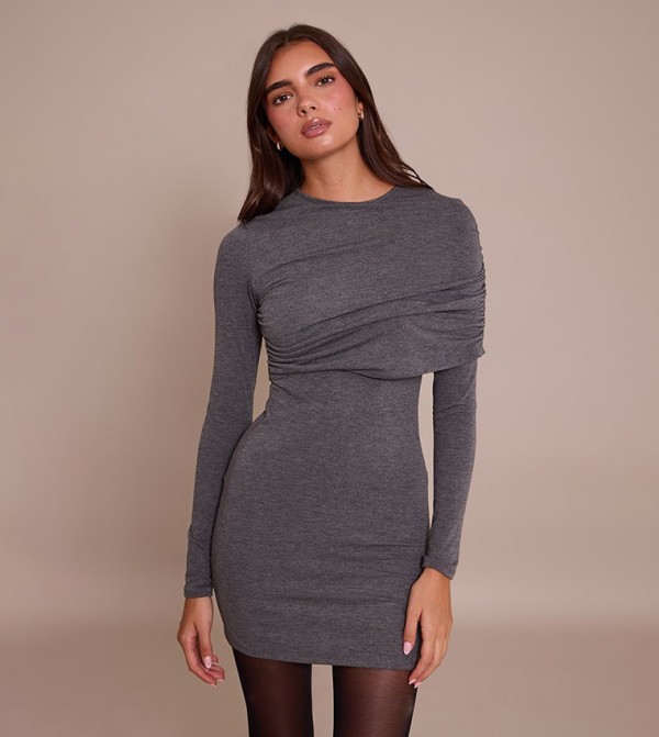 Jersey Overlay Detail Long Sleeves Bodycon Mini Dress