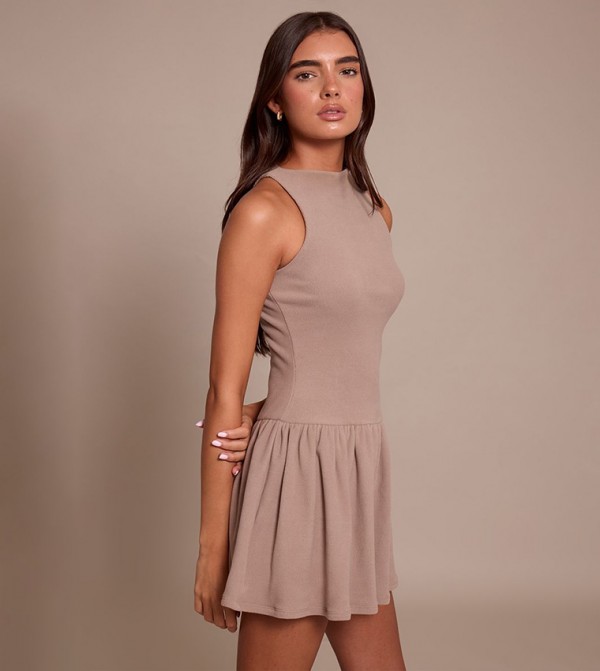 Ribbed High Neck Sleeveless Shift Mini Dress