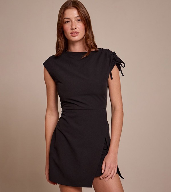 Button Detail Cap Sleeves Shift Mini Dress