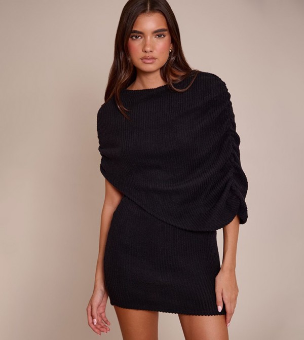 Brushed Ribbed Overlay Detail Bodycon Mini Dress