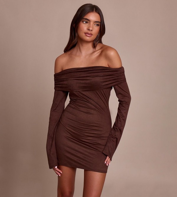 Faux Suede Bardot Long Sleeves Bodycon Mini Dress