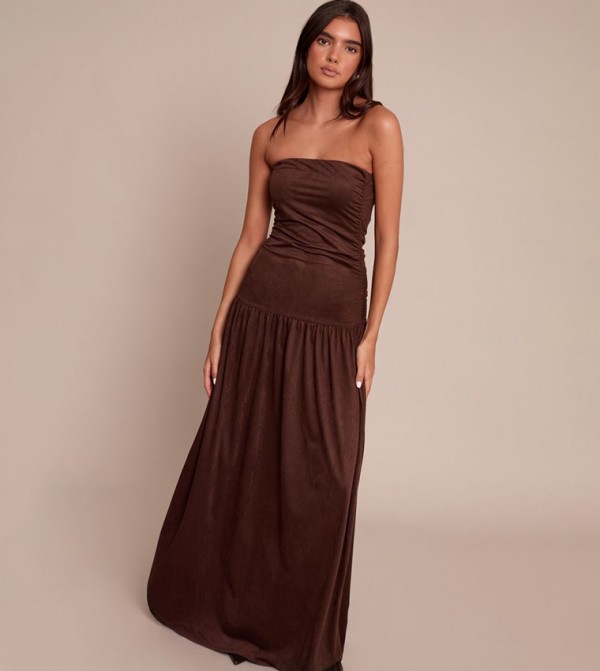 Faux Suede Strapless Dropped Waist Maxi Dress