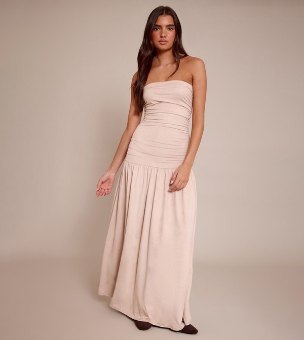 Faux Suede Strapless Dropped Waist Maxi Dress