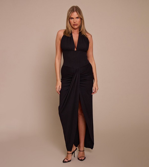 Shape Sculpt Plunge Front Drape Maxi Dress