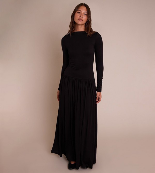 Double Layer Jersey Dropped Waist Long Sleeves Maxi Dress