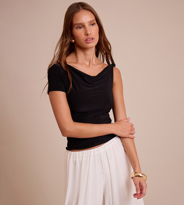 Double Layer Slinky Asymmetric Knot Detail Crop Top