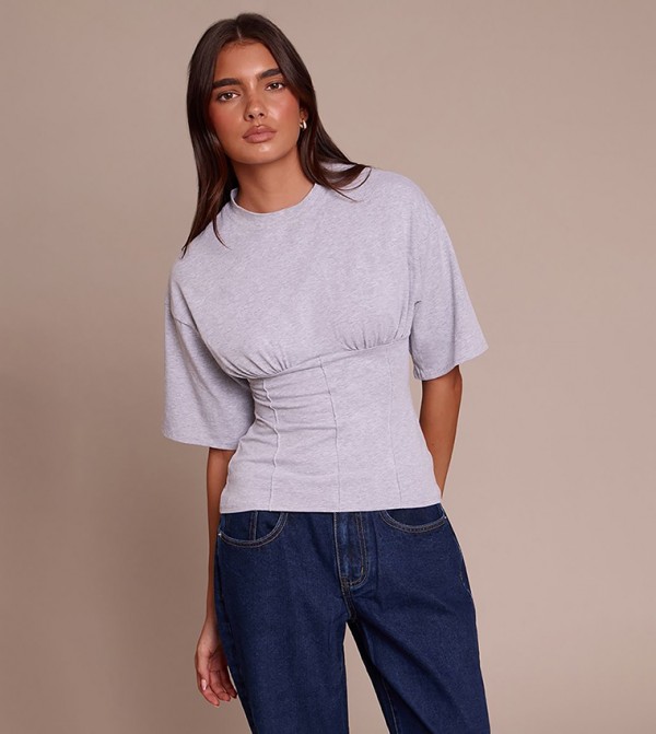 Marl Ruched Bust Detail Fitted T-Shirt