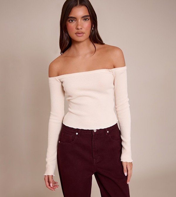 Brushed Rib Bardot Fitted Long Sleeves Top