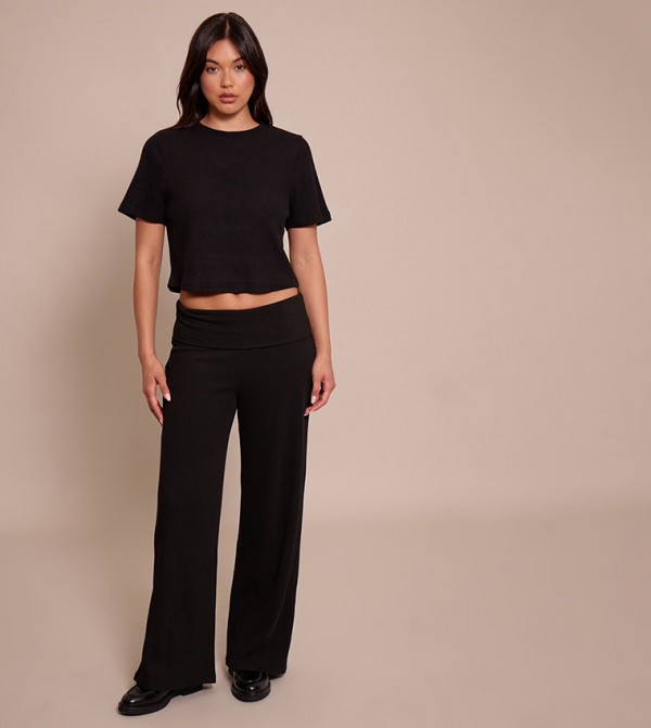 Thick Rib Fold Over Pocket Detail Wide Leg Trousers
