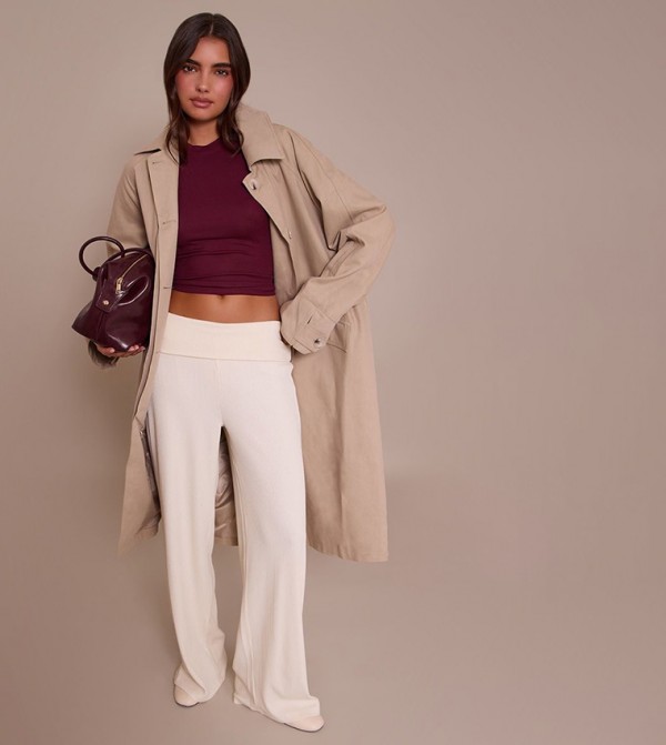 Thick Rib Fold Over Pocket Detail Wide Leg Trousers