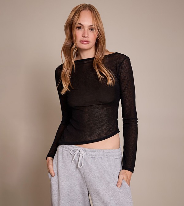 Ribbed Boat Neck Flared Sleeves Crop Top