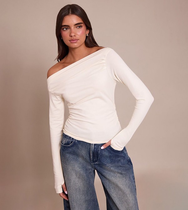 Soft Cotton Ruched Asymmetric Long Sleeves Top