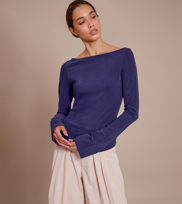 Soft Boat Neck Flared Long Sleeves Top