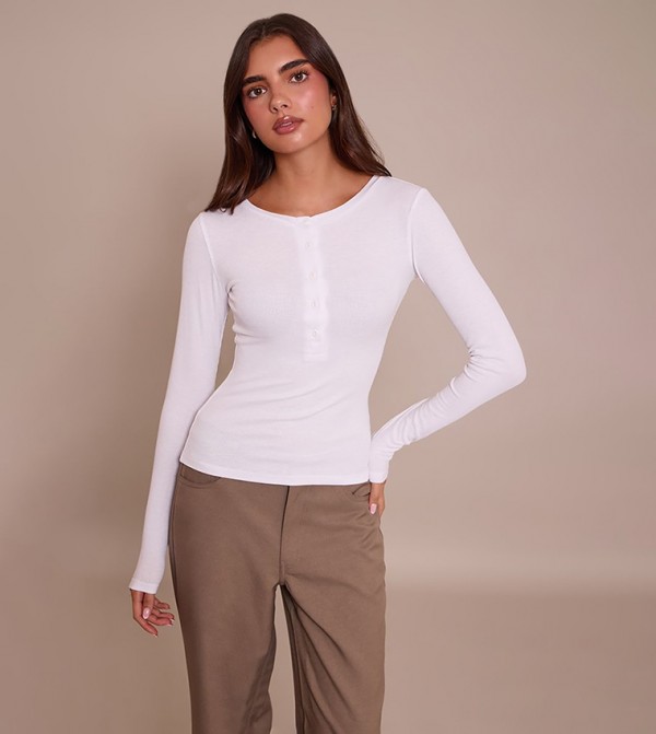 Soft Ribbed Button Up Fitted Long Sleeves Top