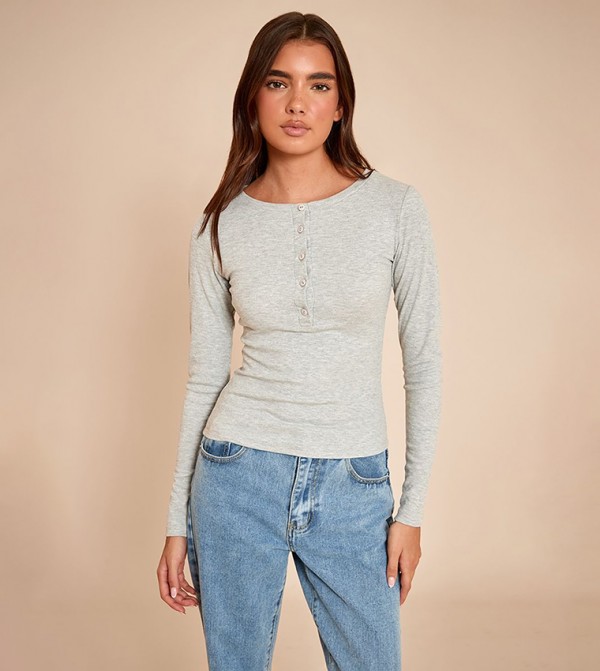Marl Soft Ribbed Button Up Fitted Long Sleeves Top