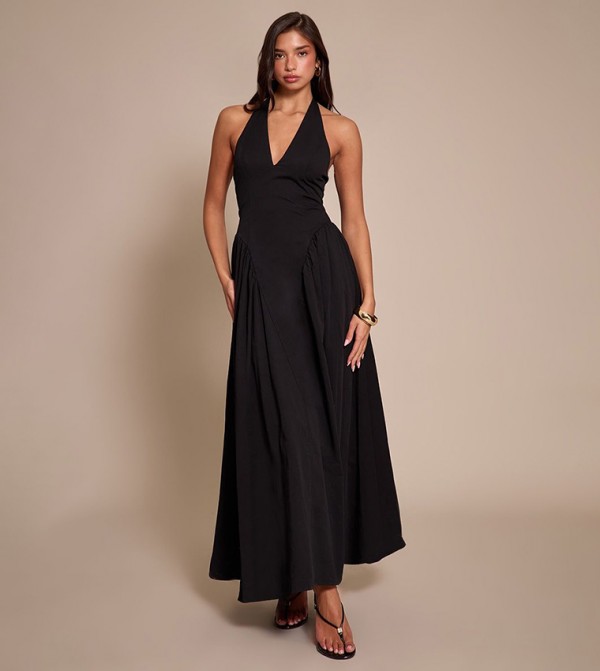 Solid Halterneck Plunge Midaxi Dress