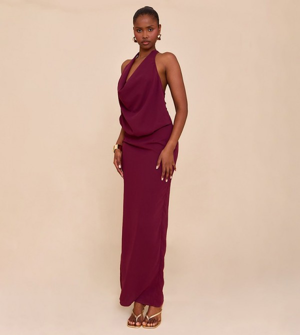 Chiffon Halterneck Cowl Maxi Dress