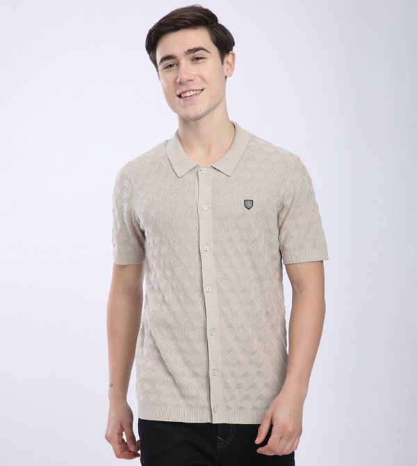 Self Patterned Knitted Short Sleeves Shirt