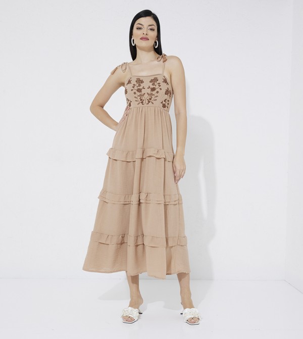Embroidered Should Strap Tiered Dress