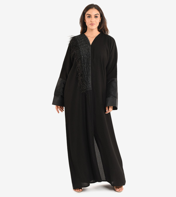 Long Sleeve V Neck Abaya - Black