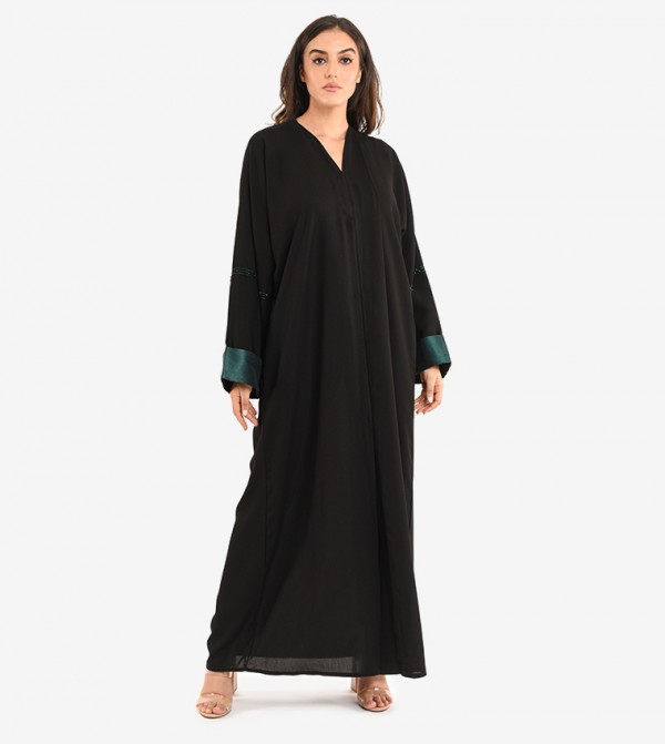 Long Sleeve V Neck Abaya - Black
