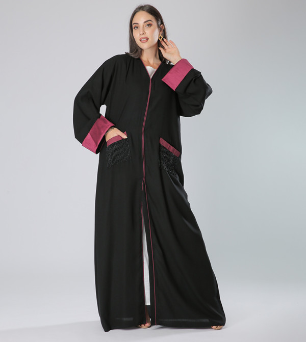 Contrast Cuff Long Sleeves V-Neck Abaya