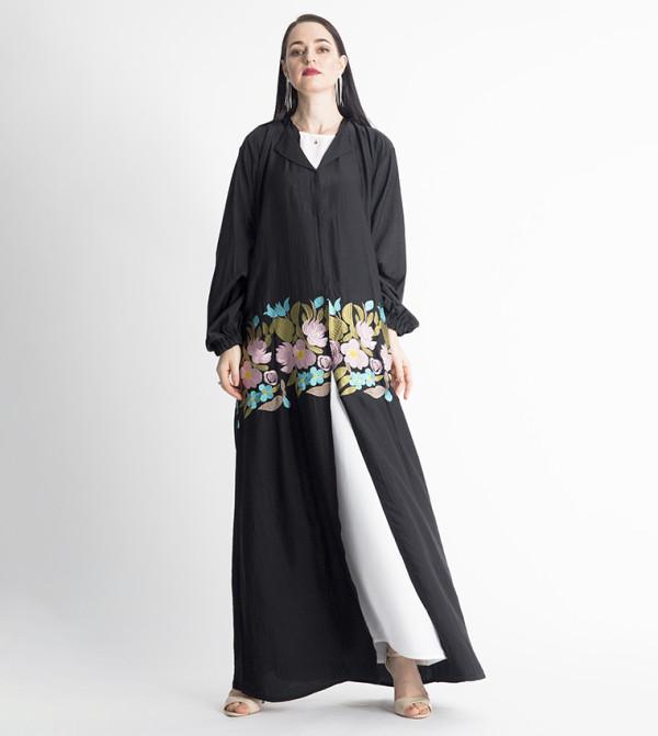 Long Sleeve V Neck Abaya Black