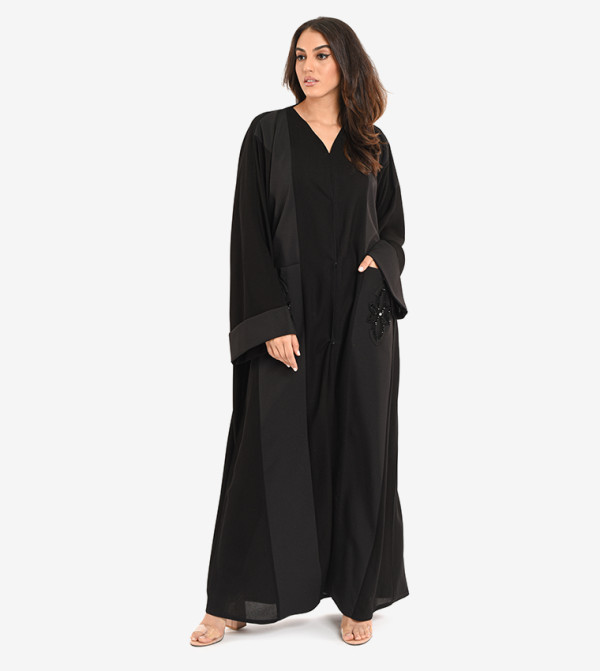 Long Sleeve V Neck Abaya - Black