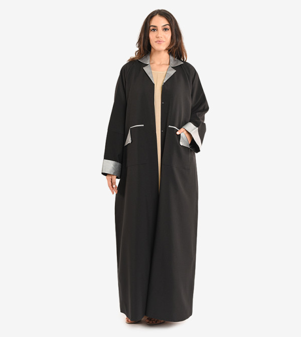 Long Sleeve V Neck Abaya - Black