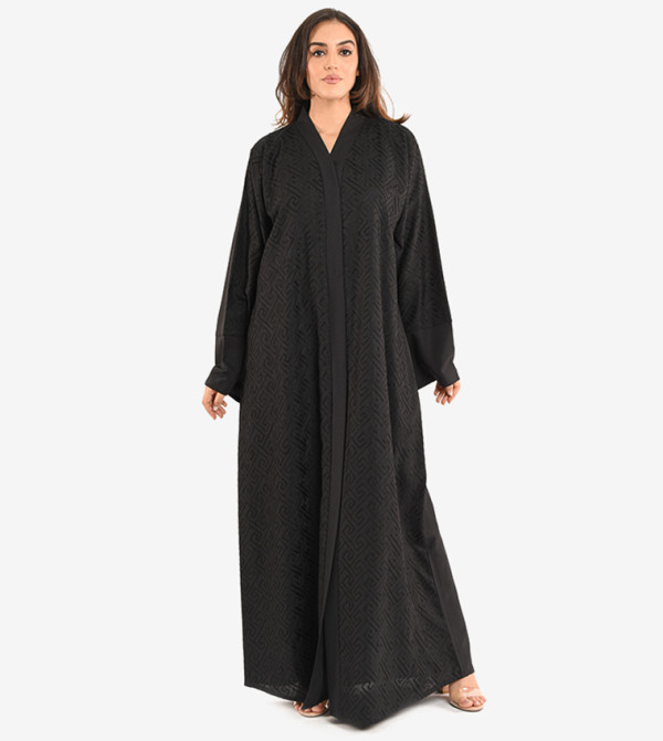 Long Sleeve V Neck Abaya - Black