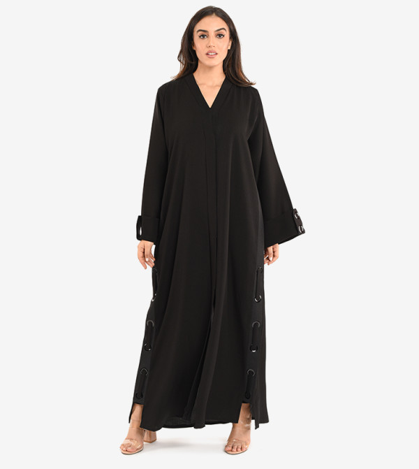 Long Sleeve V Neck Abaya - Black