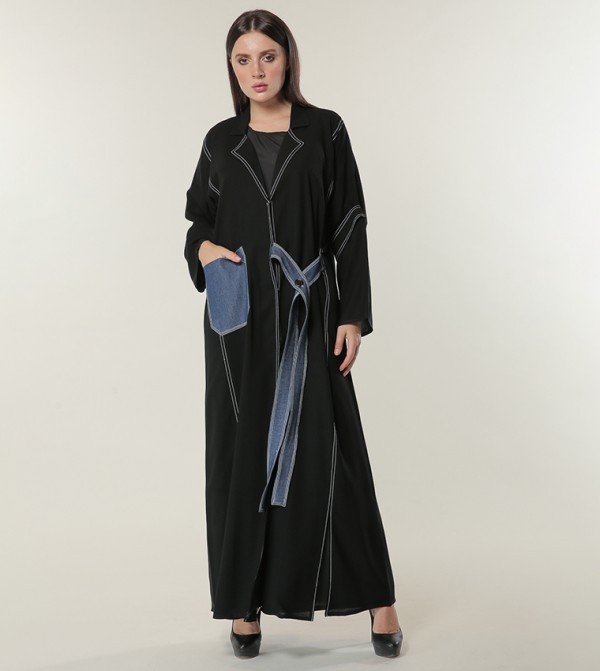 Stitch Detailed Denim Pocket Abaya