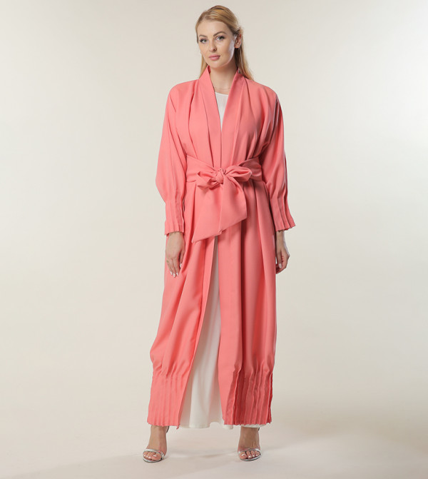 Pleated Sleeves Cuff and Hem Detailed Abaya with Waist Belt