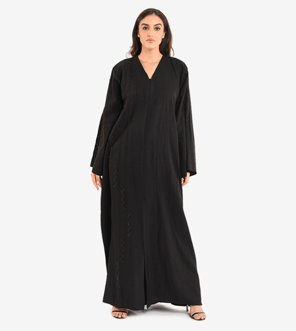 Long Sleeve V Neck Abaya - Black